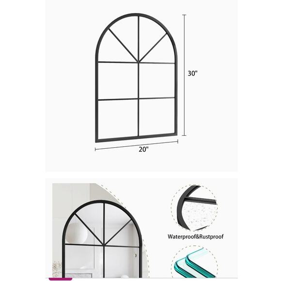 #6782 Arched Wall Mirror Iron Frame Window Pane 30"x20" Arched Top (Deep Black) - Picture 2 of 2